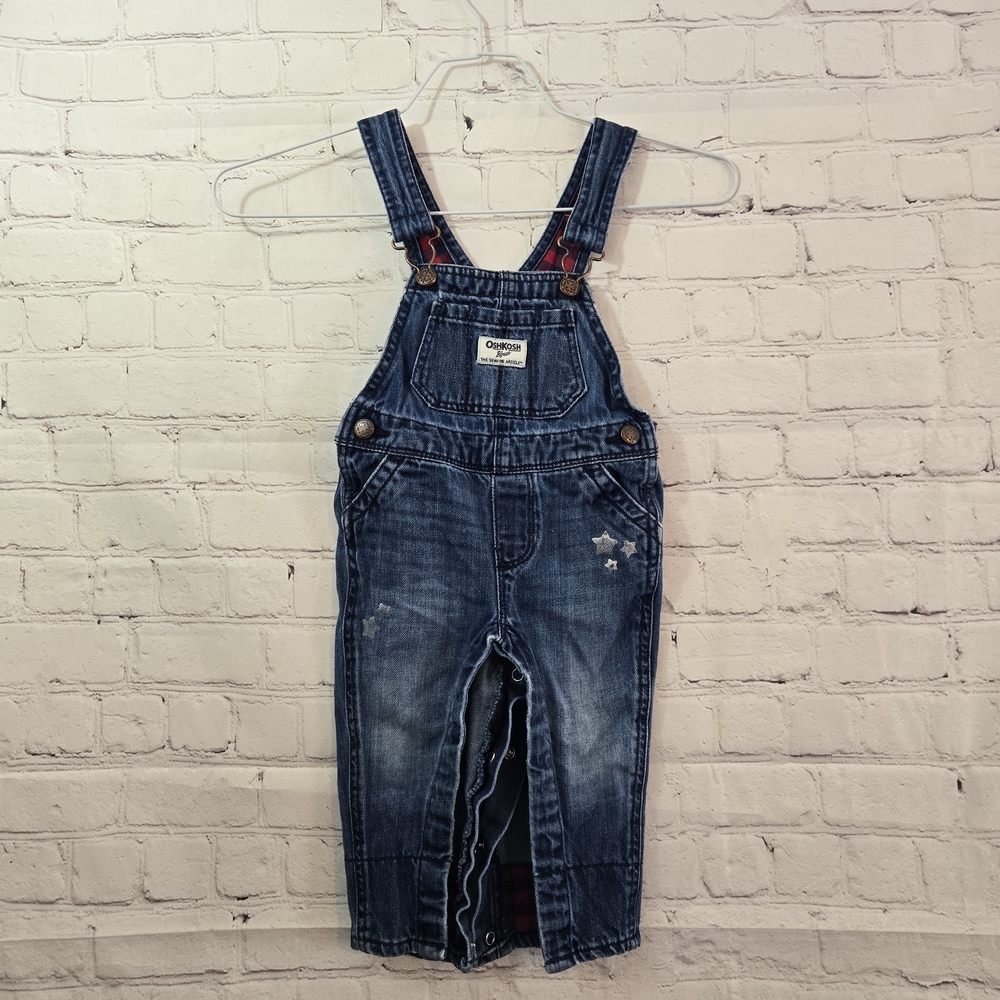 Vtg OshKosh B'Gosh Vestbak Baby 9/12M Denim Jean Bib Overalls Stars Plaid Cuffs